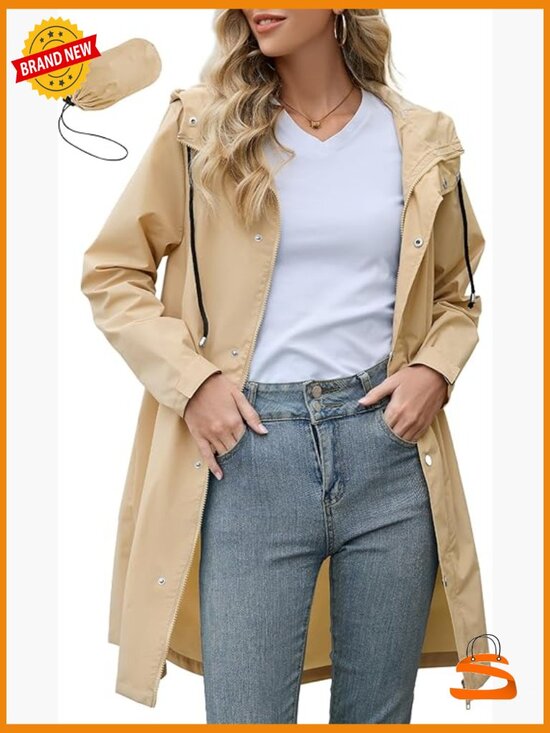 Jackets & Blazers - Long Packable Rain Jacket Waterproof Lightweight Hooded Coat Women